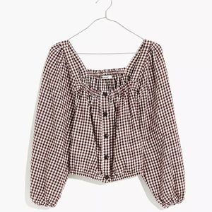 Madewell Puff-Sleeve Button-Front Crop Top in Plaid